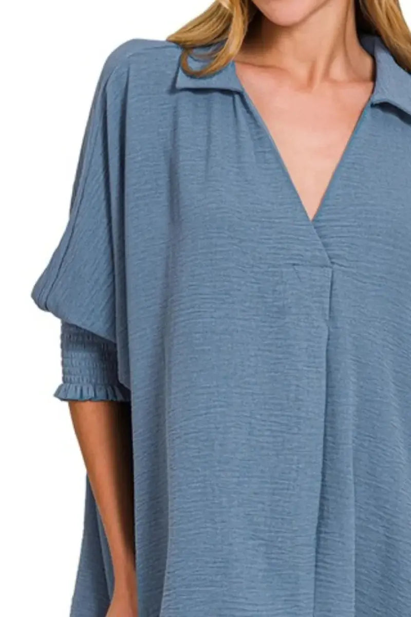 Zenana Airflow Collar Tee with Smocked Sleeve Band Top - Love Salve